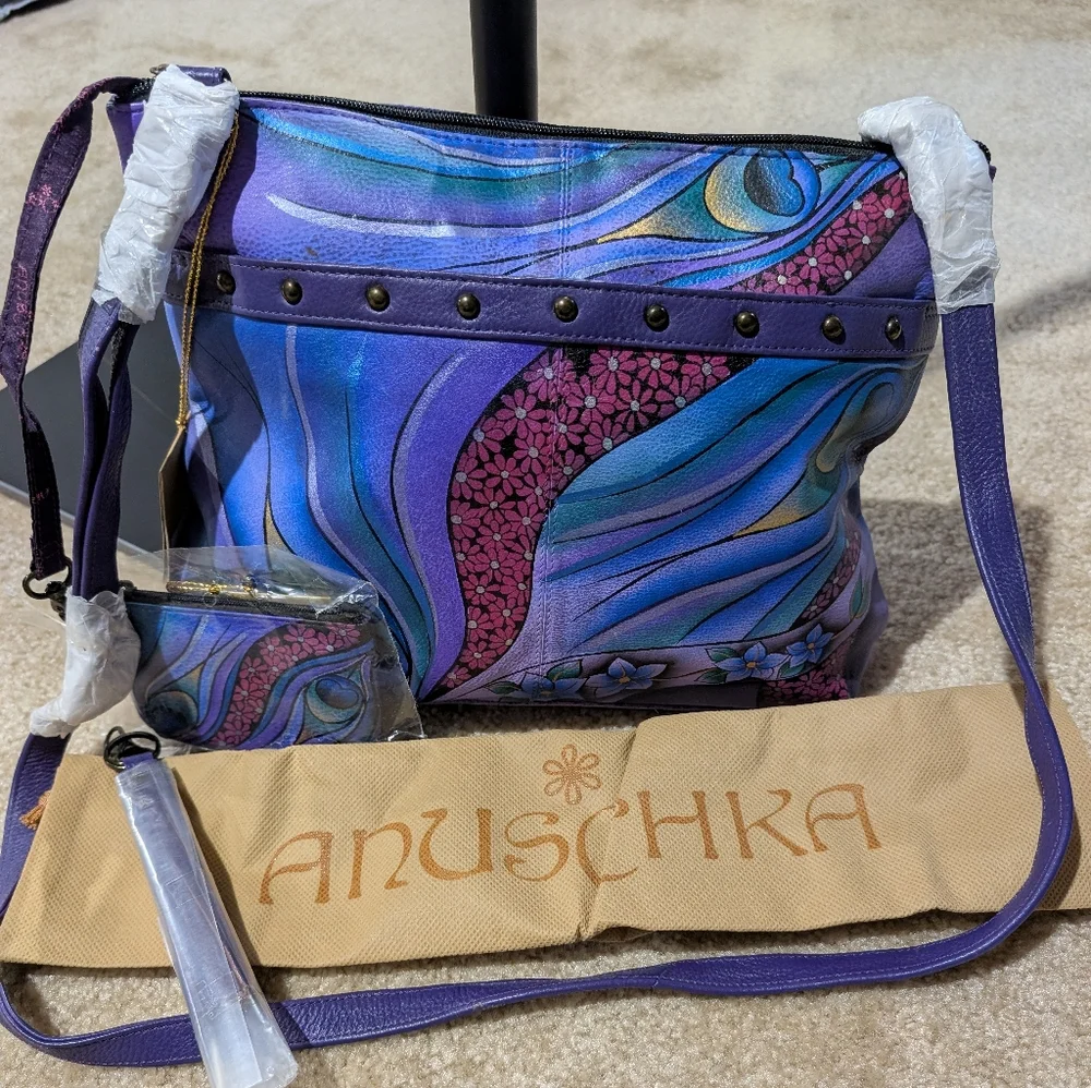 ANUSCHKA Leather Dual Compartment CB, 7-Pocket Handbag Purse + Access NWT - Picture 2 of 13